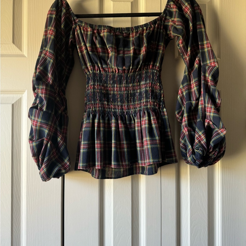 Shasa Multicolor Plaid Off-Shoulder Blouse